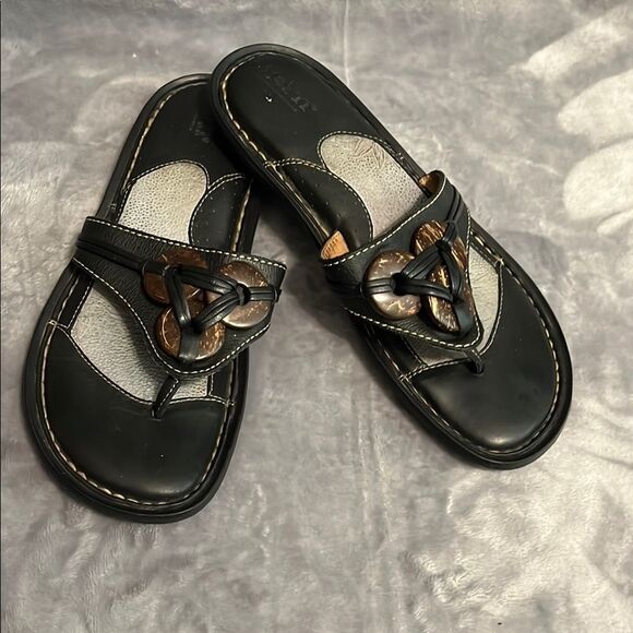 Born Women's Black Leather 3 Discs Slide On Thong Sandals - Picture 1 of 9